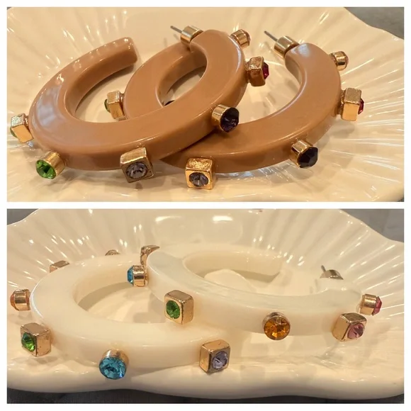 Stylish Gold and Cream Studded Hoop Earrings - Picture 1 of 1